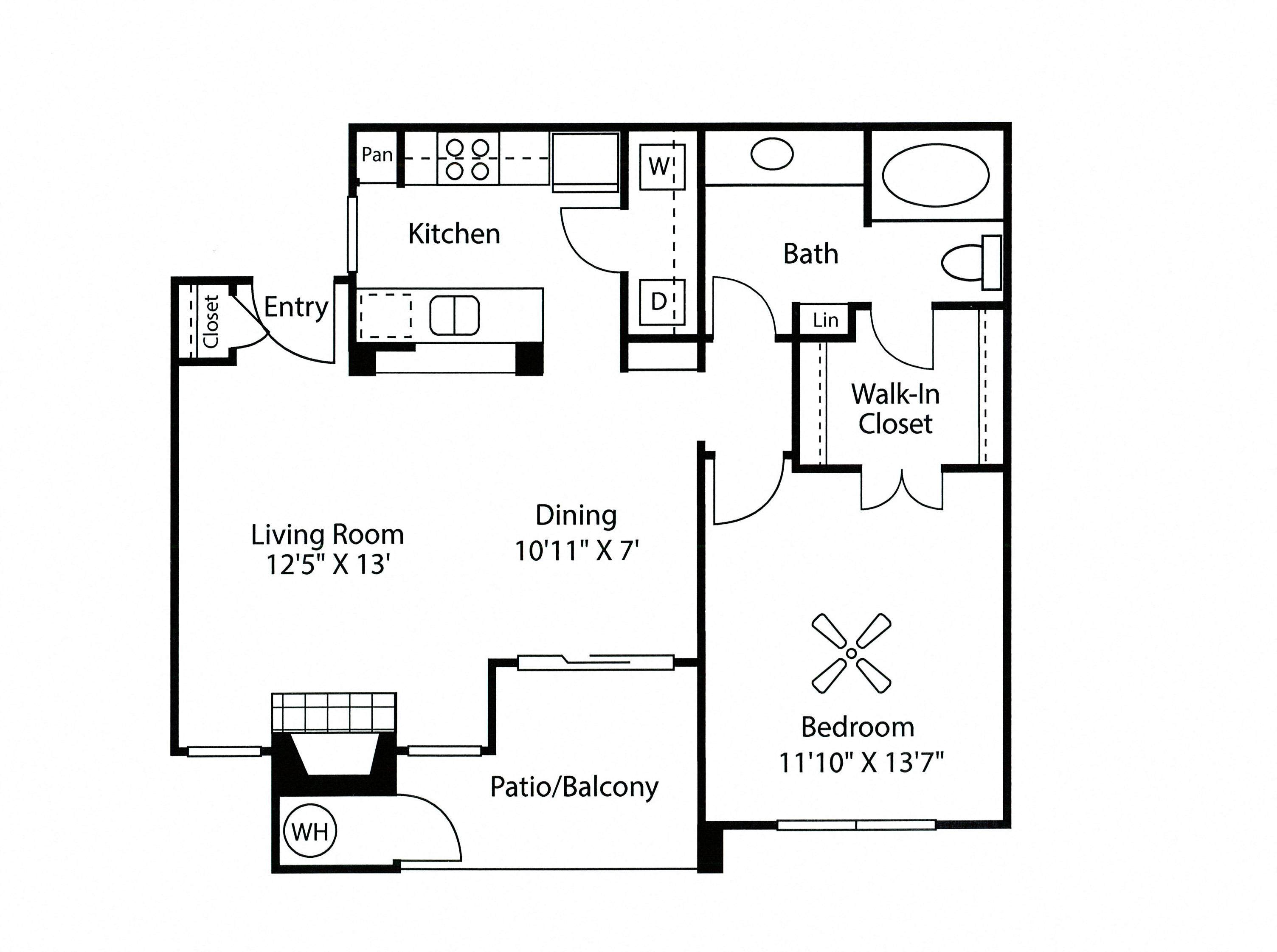 Floor plan for 1 bed, 1 bath, 735 sqft